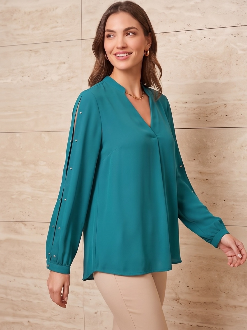 Jennifer Lopez Teal Split-Sleeve V-Neck Blouse